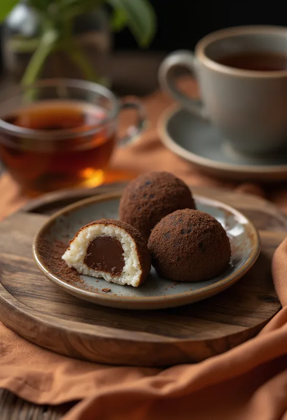 Mochi γεμιστό με σοκολάτα, πασπαλισμένο με κακάο, νόστιμο ιαπωνικό γλυκό