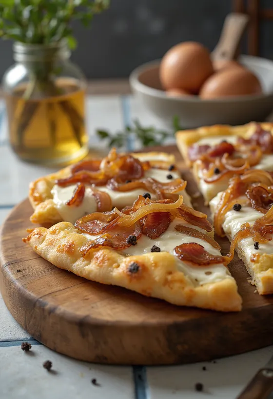 Flammkuchen με γιαούρτι στραγγιστό, κρεμμύδι και μπέικον