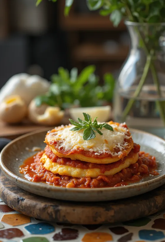 Παρμιτζιάνα με τυρί πεκορίνο σε στρώσεις, με ψητή μελιτζάνα και σάλτσα ντομάτας