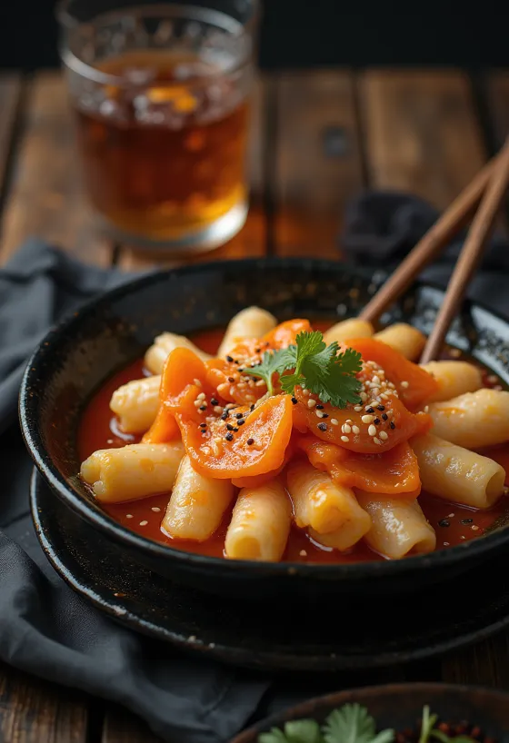 Tteokbokki με fish cake, σερβιρισμένο με σουσάμι και φρέσκο κρεμμυδάκι