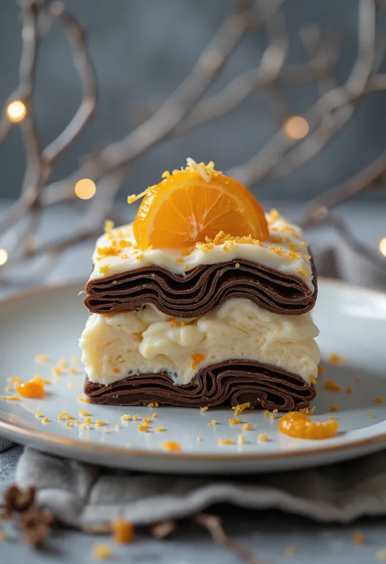 Παγωτό Viennetta Πορτοκάλι Σοκολάτα σερβιρισμένο με στρώσεις πορτοκαλιού και τραγανή σοκολάτα