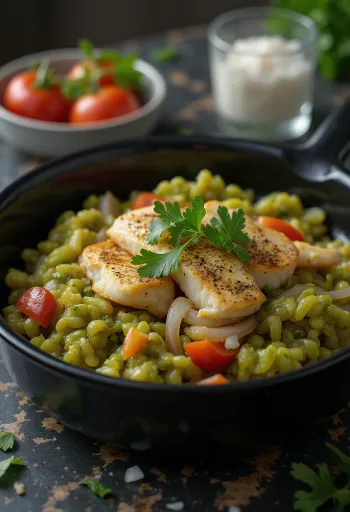 Callaloo με παστό ψάρι, γαρνιρισμένο με φρέσκο κόλιανδρο