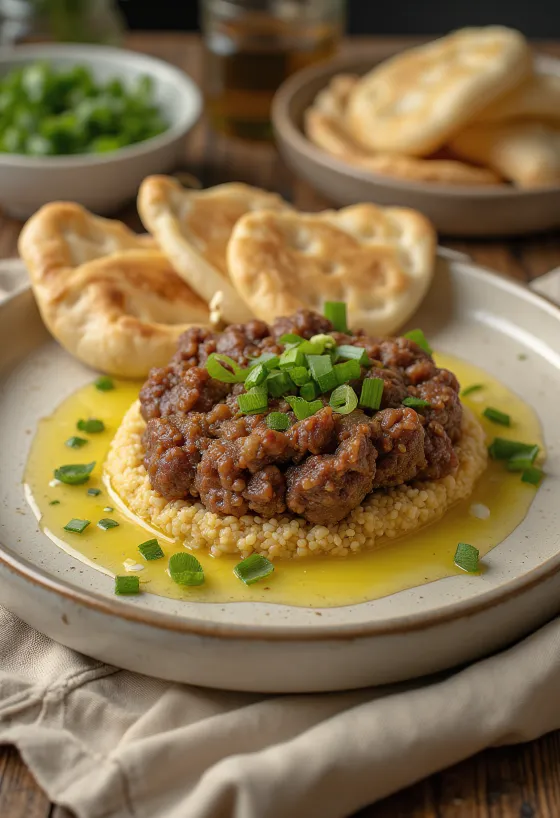 Kibbeh Nayyeh σερβιρισμένο με φρέσκια πίτα και σπόρους ροδιού