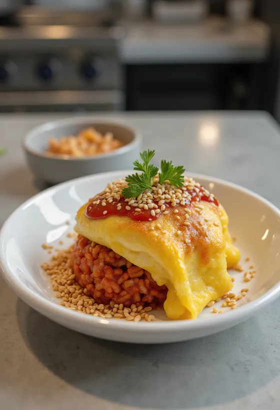 Μπολ Omurice με σουσάμι, με μαλακή ομελέτα και πικάντικο ρύζι.