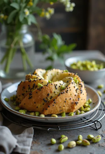 Κέικ με παπαρουνόσπορο και φιστίκι σερβιρισμένο