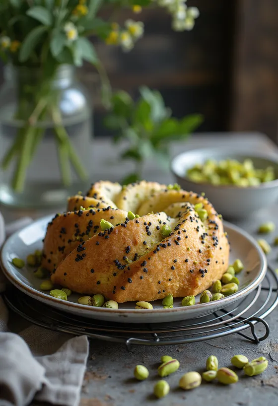 Κέικ με παπαρουνόσπορο και φιστίκι σερβιρισμένο