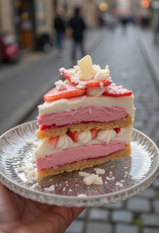 Παγωτό Viennetta Φράουλα σερβιρισμένο με στρώσεις φράουλας και τραγανή σοκολάτα