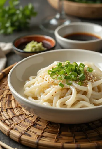 Zaru udon, κρύα noodles σερβιρισμένα σε μπολ με σάλτσα, γουασάμπι και φρέσκο κρεμμυδάκι