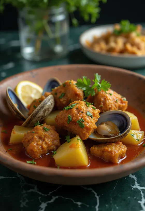 Carne de porco à Alentejana πορτογαλικό πιάτο σερβιρισμένο