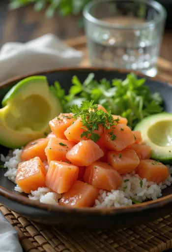 Πόκε με σολομό, φρέσκα λαχανικά και ρύζι, γαρνιρισμένο με κόλιανδρο και χυμό λάιμ.