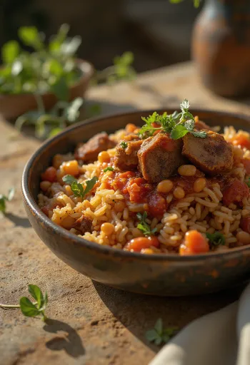 Koshari με καπνιστό κρέας, αιγυπτιακό πιάτο με ρύζι, φακές και κοφτό μακαρονάκι, σε πλούσια σάλτσα ντομάτας