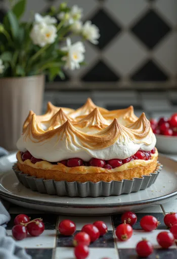 Τούρτα με μαρέγκα και φραγκοστάφυλα σερβιρισμένη