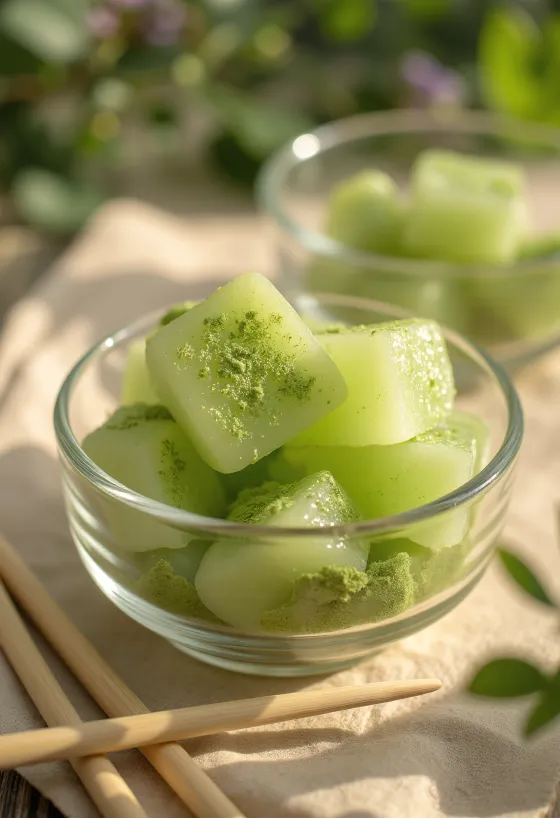 Κύβοι Warabi mochi πασπαλισμένοι με σκόνη matcha, με διάφανη ζελατινώδη υφή, κομψά σερβιρισμένοι
