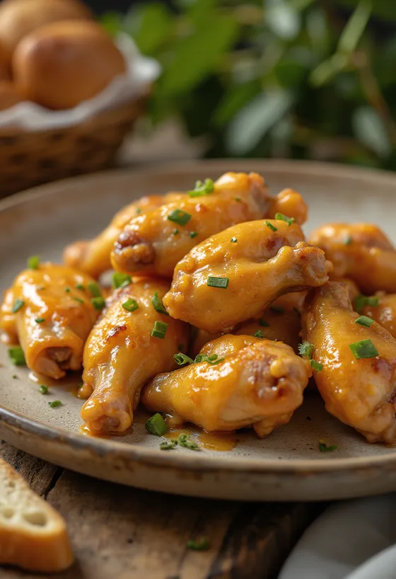 Φτερούγες κοτόπουλου με σάλτσα μελιού-μουστάρδας σερβιρισμένες