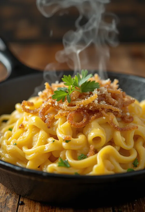 Käsespätzle, αυστριακό ζυμαρικό με τυρί, καπνιστό ζαμπόν και τηγανητό κρεμμύδι