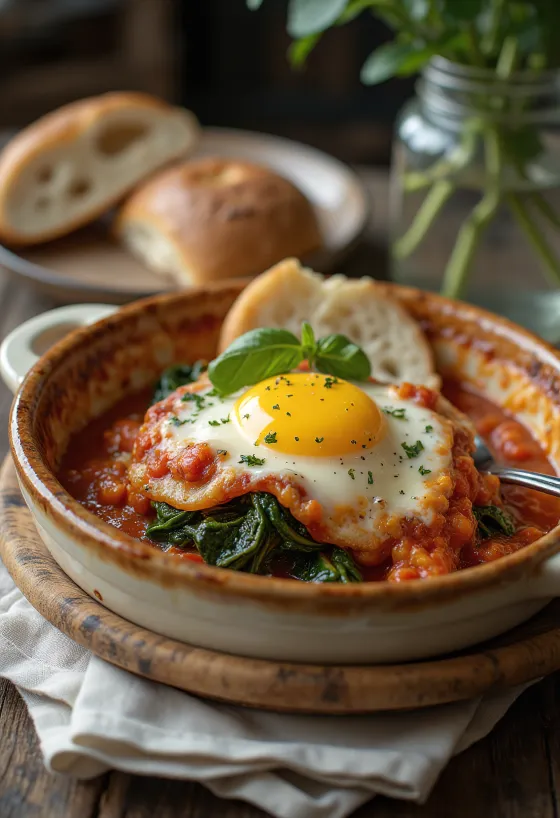 Parmigiana με ψητό σπανάκι, στρώσεις μελιτζάνας και σάλτσα ντομάτας, ψημένη με τυριά