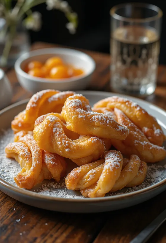 Csörögefánk πασπαλισμένο με ζάχαρη άχνη, σερβιρισμένο με μαρμελάδα