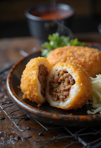 Katsu Menchi, τραγανό παναρισμένο μπιφτέκι με σάλτσα tonkatsu