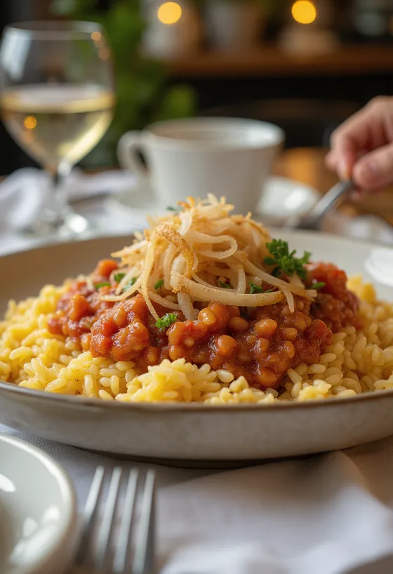 Κλασικό Koshari, αιγυπτιακό πιάτο με ρύζι, φακές και κοφτό μακαρονάκι, σε πλούσια σάλτσα ντομάτας
