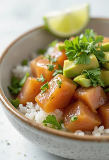 Πόκε με σάλτσα Ponzu, φρέσκα λαχανικά και ρύζι, γαρνιρισμένο με κόλιανδρο και χυμό λάιμ.