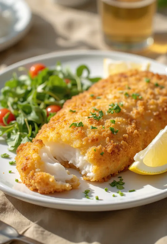 Τραγανό φιλέτο ψαριού πανέ τηγανισμένο χρυσοκάστανο, σερβιρισμένο με φρέσκες ροδέλες λεμονιού και λαχανικά