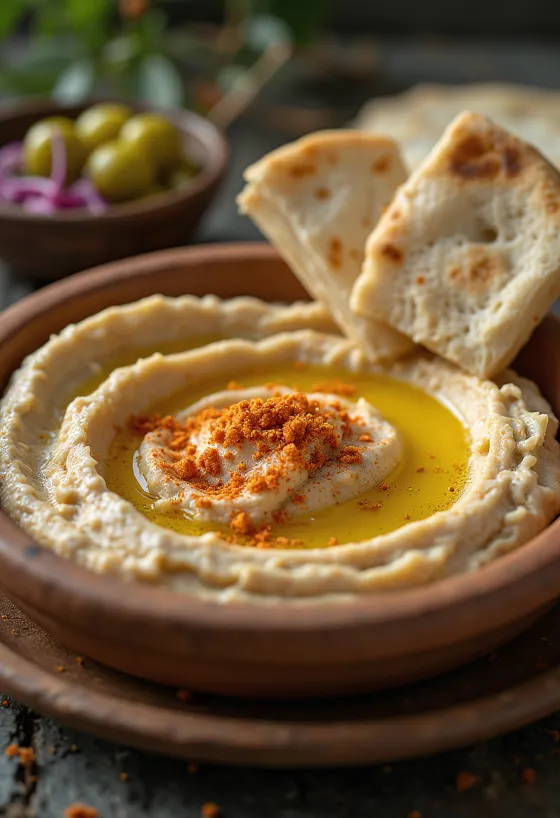 Χούμους με βελούδινη υφή, περιχυμένο με ελαιόλαδο, σερβιρισμένο με πίτα