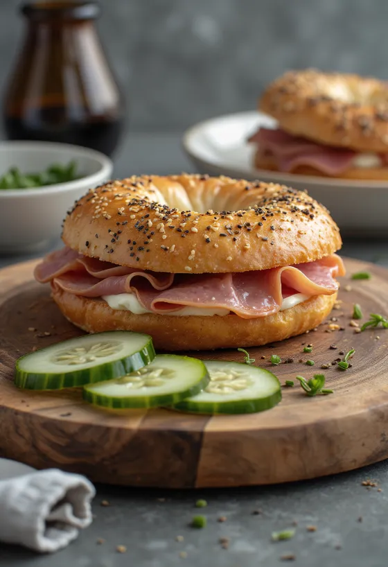 Bagel με καπνιστό κρέας και τυρί κρέμα, διακοσμημένο με φρέσκο μαϊντανό
