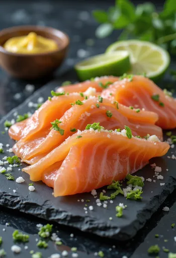 Gravlax με ξύσμα λάιμ σερβιρισμένο, διακοσμημένο με φρέσκο άνηθο