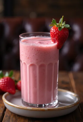 Smoothie φράουλας σε ψηλό ποτήρι, διακοσμημένο με φρέσκες φέτες φράουλας