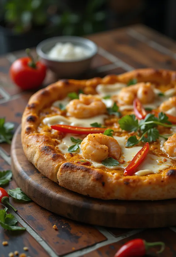 Πίτσα Laksa με μαλαισιανά μπαχαρικά και γαρίδες