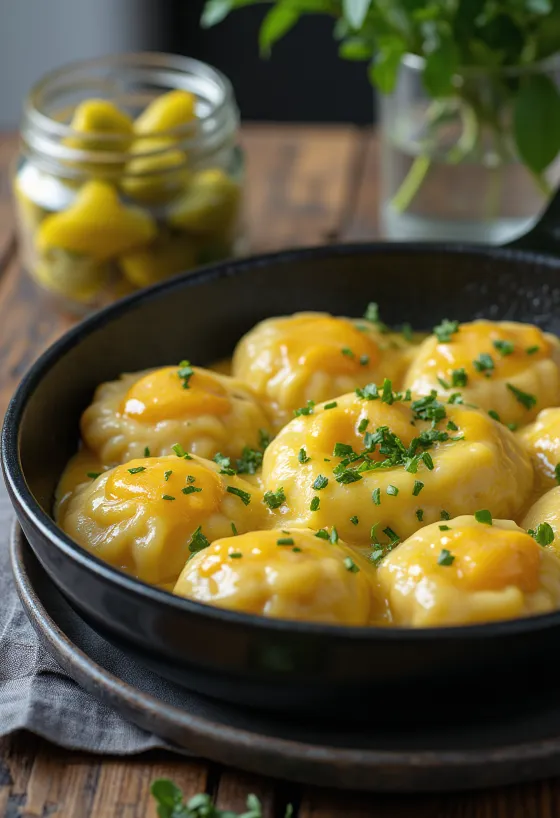 Νόκεντλι με αυγά πασπαλισμένα με φρέσκο μαϊντανό, σερβιρισμένα με σπιτικό τουρσί.