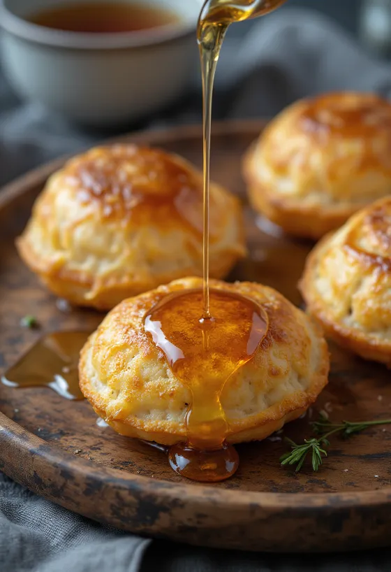 Æbleskiver γλυκαμένο με μέλι, φρέσκοι και αφράτοι λουκουμάδες σερβιρισμένοι