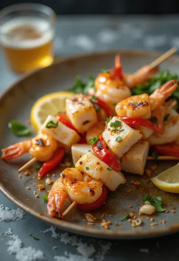 Anticucho de mariscos θαλασσινό φαγητό σε καλαμάκι, σερβιρισμένο με κόλιανδρο και λεμόνι