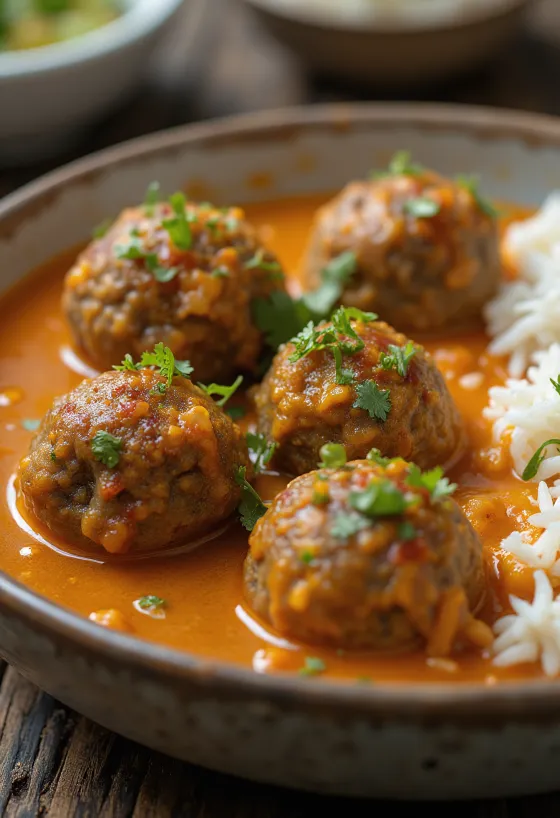 Κάρυ με Κεφτεδάκια Αρνιού (Kofta) σερβιρισμένο με φρέσκο κόλιανδρο