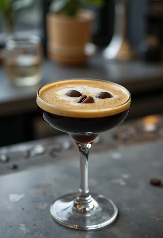 Κοκτέιλ Espresso Martini διακοσμημένο με τρεις κόκκους καφέ