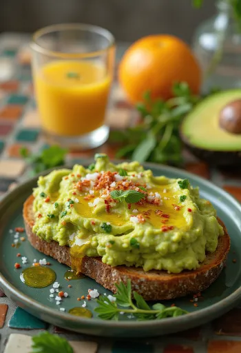 Τοστόν με αβοκάντο, σερβιρισμένο με ελαιόλαδο και νιφάδες τσίλι
