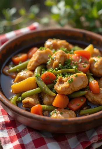 Adobo με ραγού λαχανικών, γαρνιρισμένο με φρέσκο κόλιανδρο