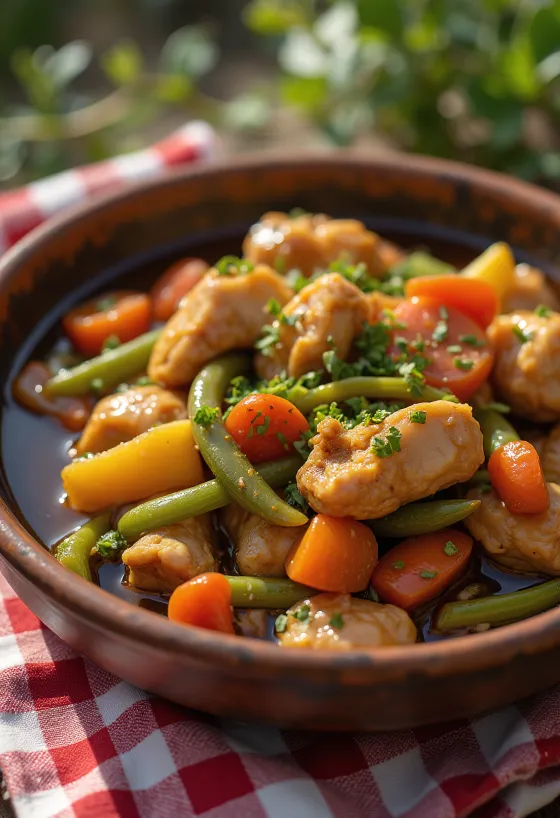 Adobo με ραγού λαχανικών, γαρνιρισμένο με φρέσκο κόλιανδρο