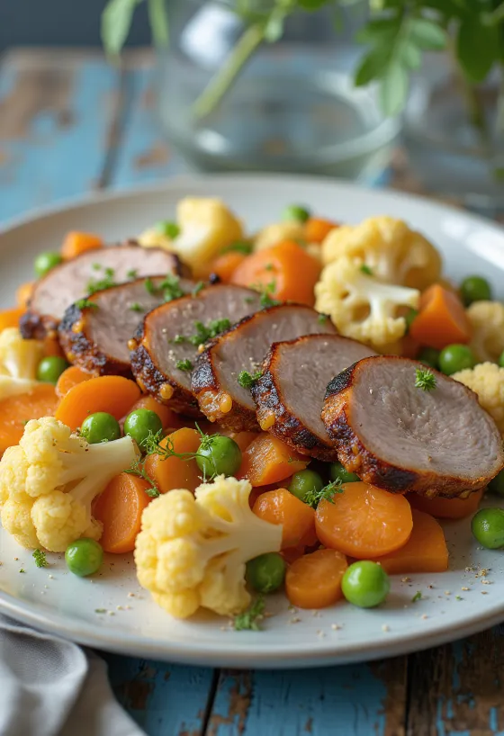 Καπνιστός χοιρινός λαιμός με λαχανικά ατμού σερβιρισμένος