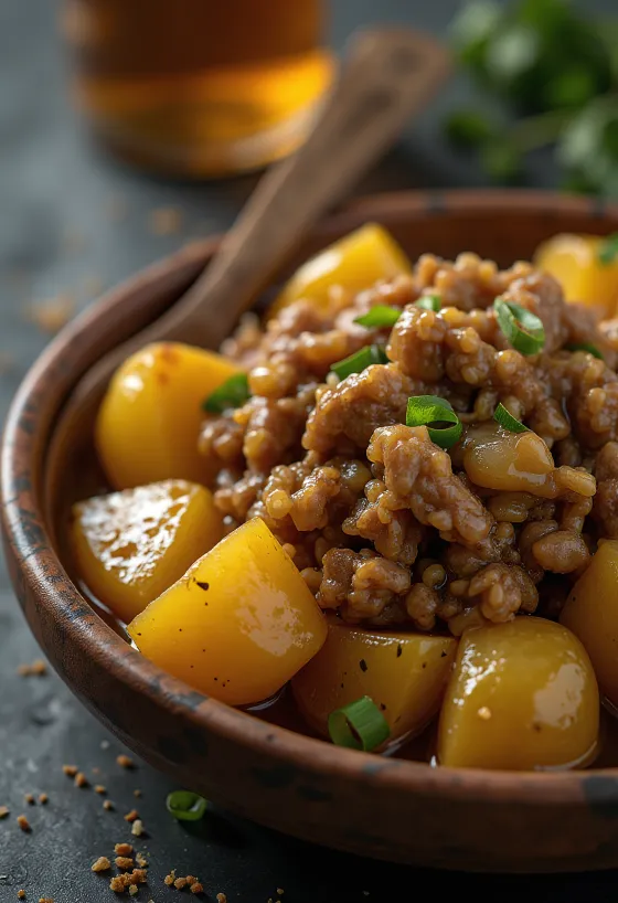 Adobo με πατάτες, πικάντικο κρέας και τραγανή πατάτα σερβιρισμένα