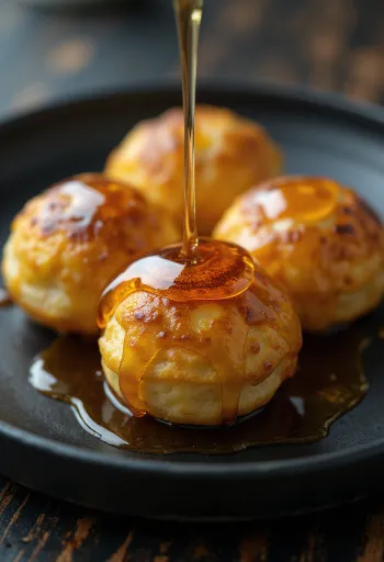 Æbleskiver με σιρόπι σφενδάμου, φρέσκα γλυκίσματα, χρυσοκάστανα, σερβιρισμένα με σιρόπι σφενδάμου