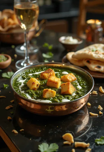 Palak paneer με τζίντζερ σερβιρισμένο με φρέσκο σπανάκι και πικάντικους κύβους paneer
