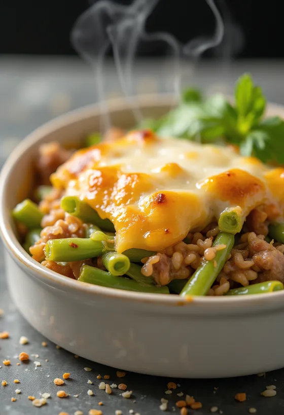 Φασολάκια ογκρατέν με φρέσκο γιαούρτι και ψημένο τυρί από πάνω.