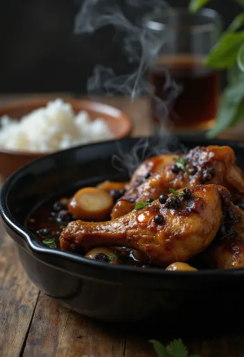 Adobo κοτόπουλο, μαγειρεμένο σε σάλτσα σόγιας, σερβιρισμένο δίπλα σε ρύζι