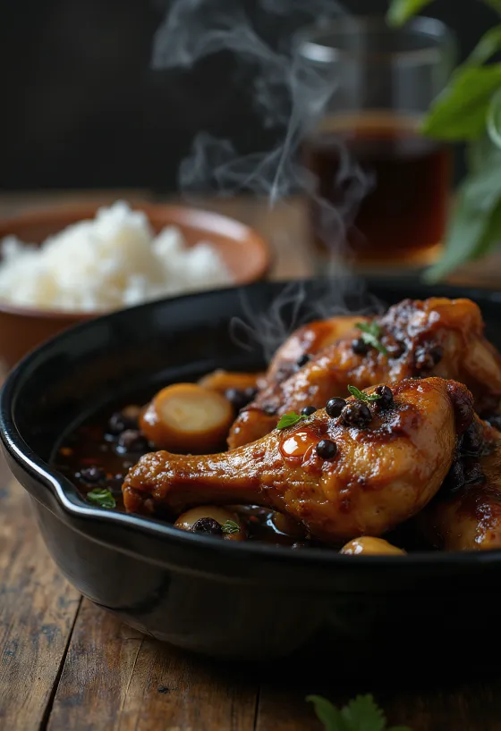 Adobo κοτόπουλο, μαγειρεμένο σε σάλτσα σόγιας, σερβιρισμένο δίπλα σε ρύζι