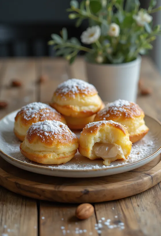 Æbleskiver με γέμιση αμυγδάλου, πασπαλισμένα με ζάχαρη άχνη, σερβιρισμένα σε μπολ
