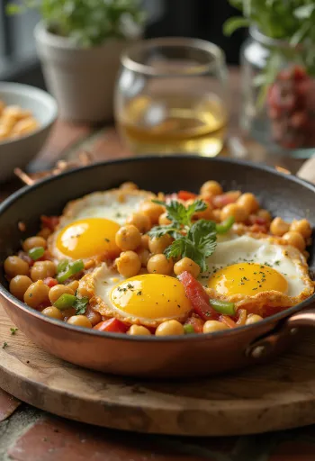 Menemen με ρεβίθια, φρέσκο, σερβιρισμένο με λαχανικά και αυγά στην κορυφή