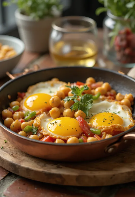Menemen με ρεβίθια, φρέσκο, σερβιρισμένο με λαχανικά και αυγά στην κορυφή