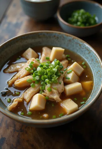 Σούπα Miso με κοτόπουλο, περιέχει τόφου και φύκια, σερβιρισμένη με πλούσιες γεύσεις
