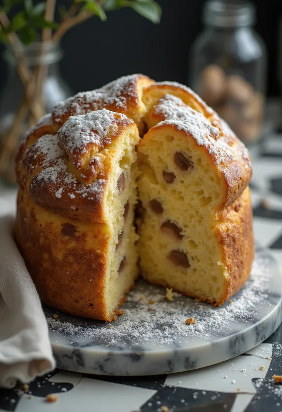 Φέτες Panettone με κάστανο, με χρυσοκάστανη ψημένη επιφάνεια